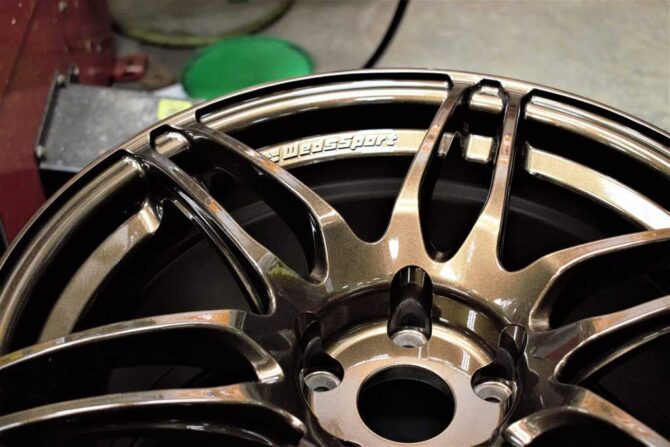 A freshly powder coated set of Weds SA-60M wheels, prepped and awaiting a layer of ceramic coating protection. Photo Credit: Micah Wright