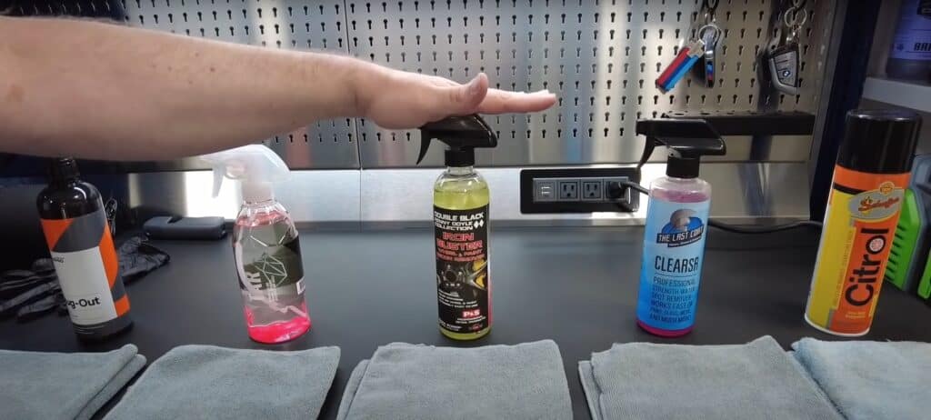 The lineup of chemicals used during Pan The Organizer's chemical resistance testing of armor Shield IX nano ceramic coating. Photo Credit: Pan The Organizer/YouTube