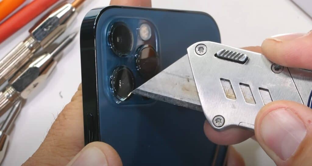 The hardness level of Apple's "Ceramic Shield" is designed more for impact protection, and not scratch resistance. Photo Credit: JerryRigEverything/YouTube